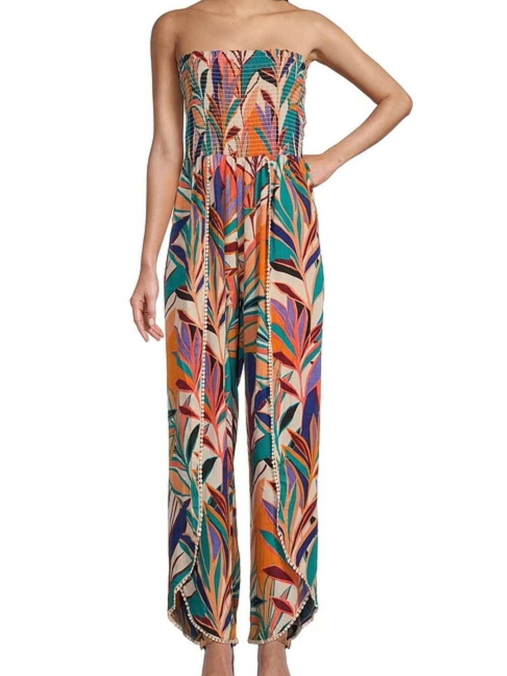 Angie Tropical Print Strapless Wide-Leg Jumpsuit in Teal, Orange & Purple